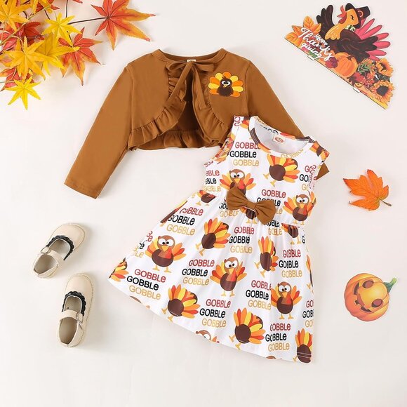 Elegant Girls Thanksgiving Dress Set with Cardigan - Cute Turkey Design | 18M-6Y - Picture 2 of 9